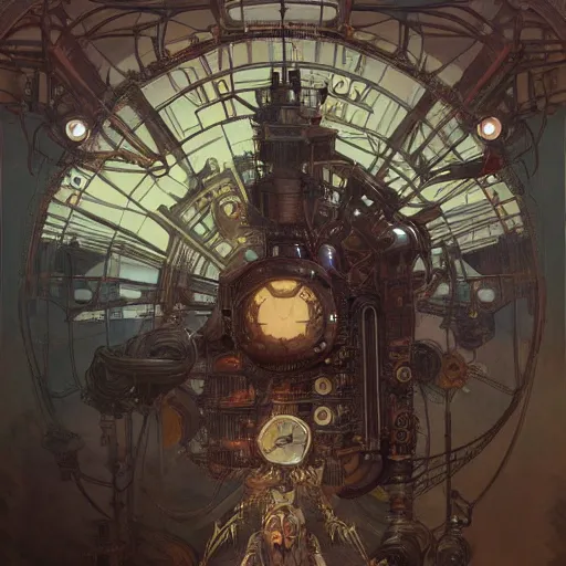 Prompt: Large steampunk mechanical spider, sci-fi art by alphonse mucha and greg rutkowski, highly detailed, digital painting, concept art, illustration, dim lighting, trending on artstation, very detailed, smooth, sharp focus, octane render