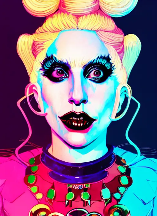 Prompt: portrait of lady gaga as harley quinn, artstation winner by victo ngai, kilian eng and by jake parker, by conrad roset, swirly vibrant color lines, winning award masterpiece, fantastically gaudy, aesthetic octane render, 8 k hd resolution