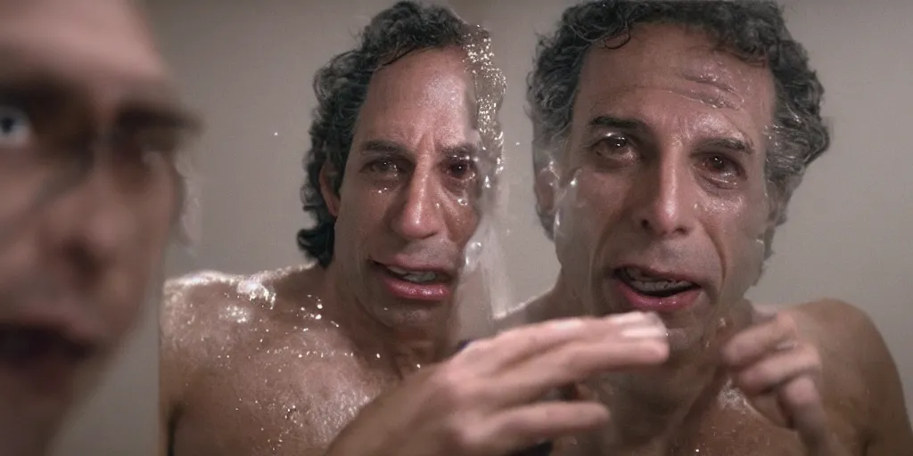 Prompt: ultra wide angle photo of jeff goldbloom dressed as seth brundle is looking at himself in a bathroom mirror and seeing his reflection as the fly, a mutated insect version of jeff goldbloom