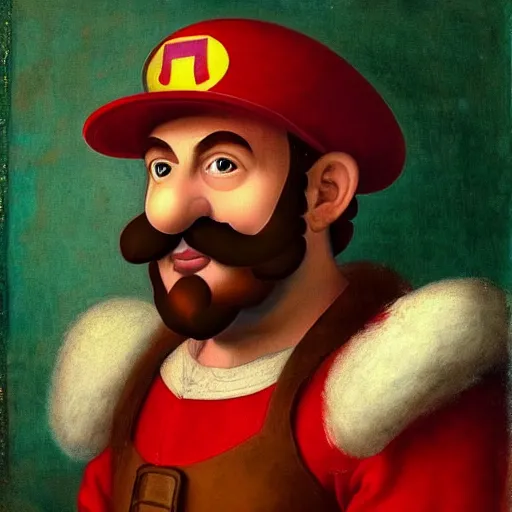 Image similar to a beautiful renaissance painted portrait of super - mario