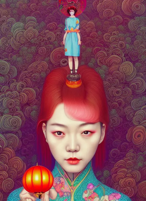 Image similar to pretty chinese girl holds hallucination mushroom : : by martine johanna and simon stalenhag and chie yoshii and casey weldon and wlop : : ornate, dynamic, particulate, rich colors, intricate, elegant, highly detailed, centered, artstation, smooth, sharp focus, octane render, 8 k