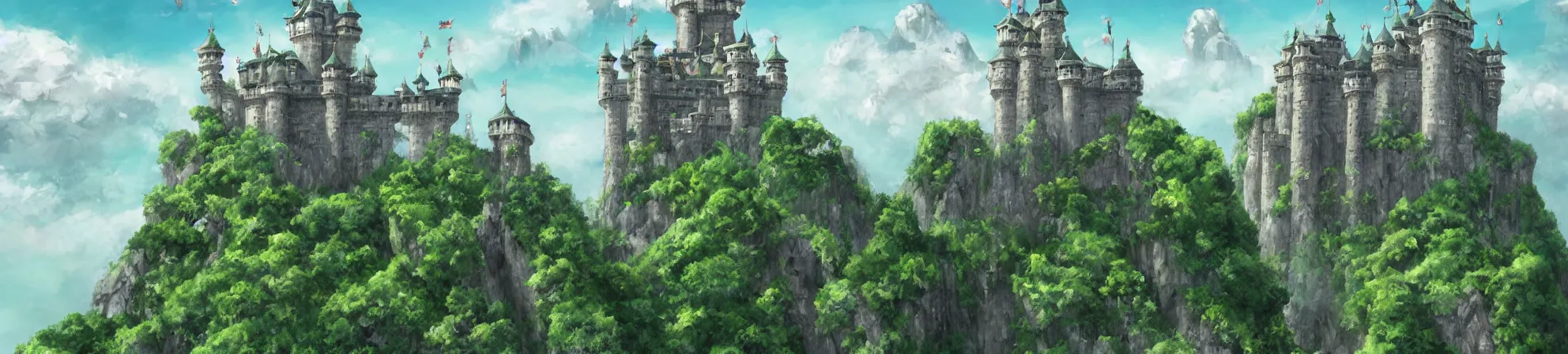 Prompt: very very very long castle with a lot of greenery on its towers, on the stone island flying in clouds. Art by Hayao Miyazaki