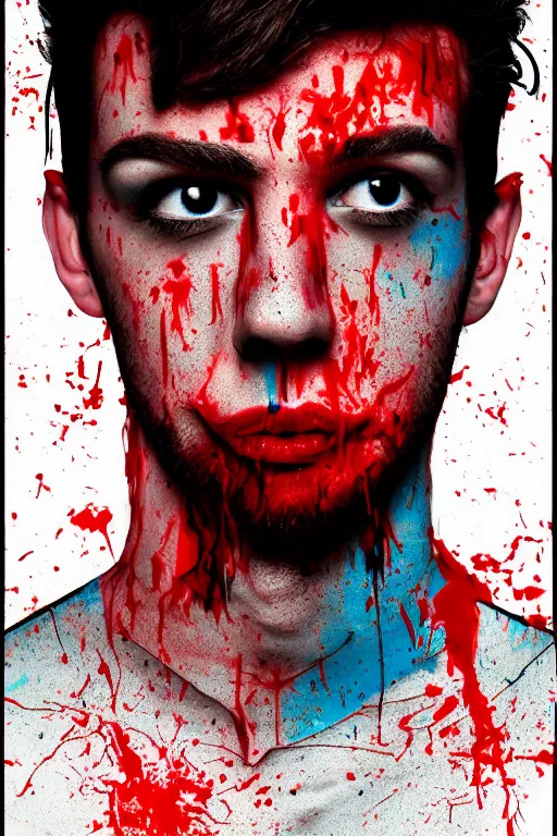 Image similar to guy covered with blood in his face - aesthetic, 4 k, comical, acrylic paint style, pencil style, torn cosmo magazine style, pop art style, ultrarealism, by mike swiderek, jorge lacera, ben lo, tyler west