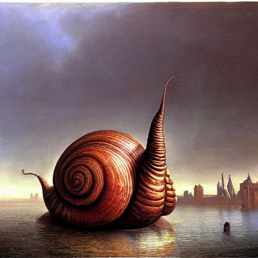 Image similar to a giant snail stands over a city painting by barlowe, behsinski colors. masterpiece painting