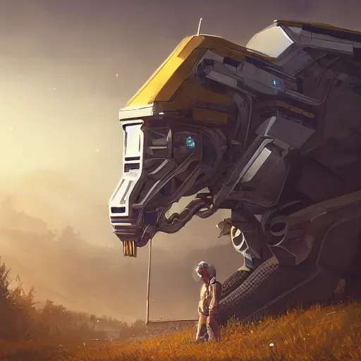 Image similar to centered portrait of white cybernetic panzerwolf made of steel and gold in light armor, by simon stalenhag, by ian pesty and alena aenami and makoto shinkai, concept art, matte painting, washed colors,