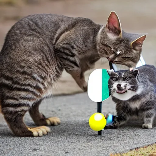 Prompt: a cat playing table tennis against a racoon