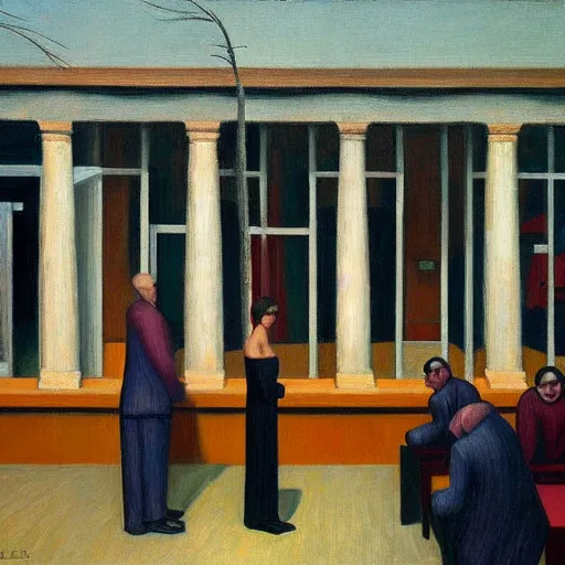 Image similar to public trial in a courtyard, grant wood, pj crook, edward hopper, oil on canvas