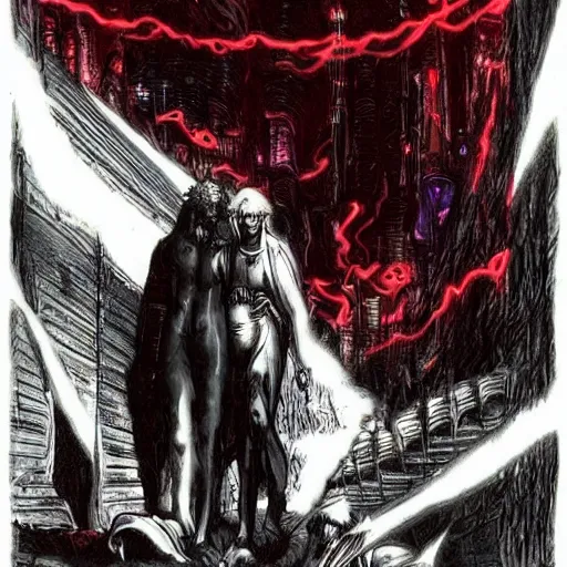 Image similar to dante et virgile en enfer in cyberpunk style