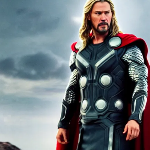 Image similar to film still of Keanu Reeves as Thor in Avengers Endgame