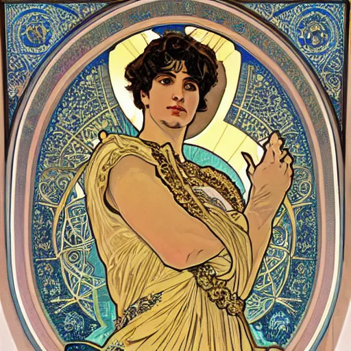 Image similar to an ornate white and gold acrylic painting of a roman emperor, in the style of alphonse mucha