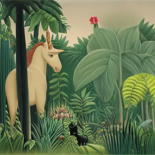 Prompt: A unicorn in the jungle by Henri Rousseau, trending on artstation