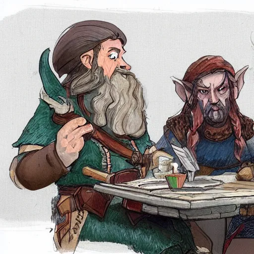 Prompt: Concept art of a human, dwarf, and an elf sitting around a table playing D&D, creative, fantasy