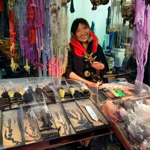 Prompt: beautiful woman selling alien artifacts in Chinese market