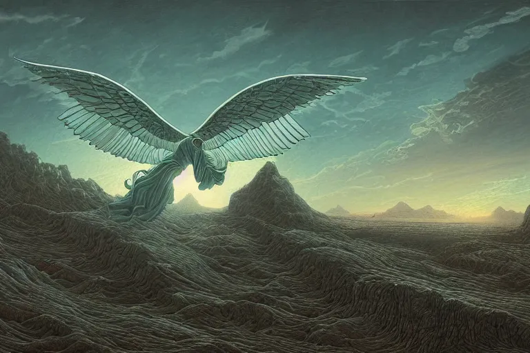 Image similar to Sacred appearance of a winged angel in the middle of a tortured and desolate landscape with a light and calm sky, by Kilian Eng, Kris Kuksi, Johfra Bosschart