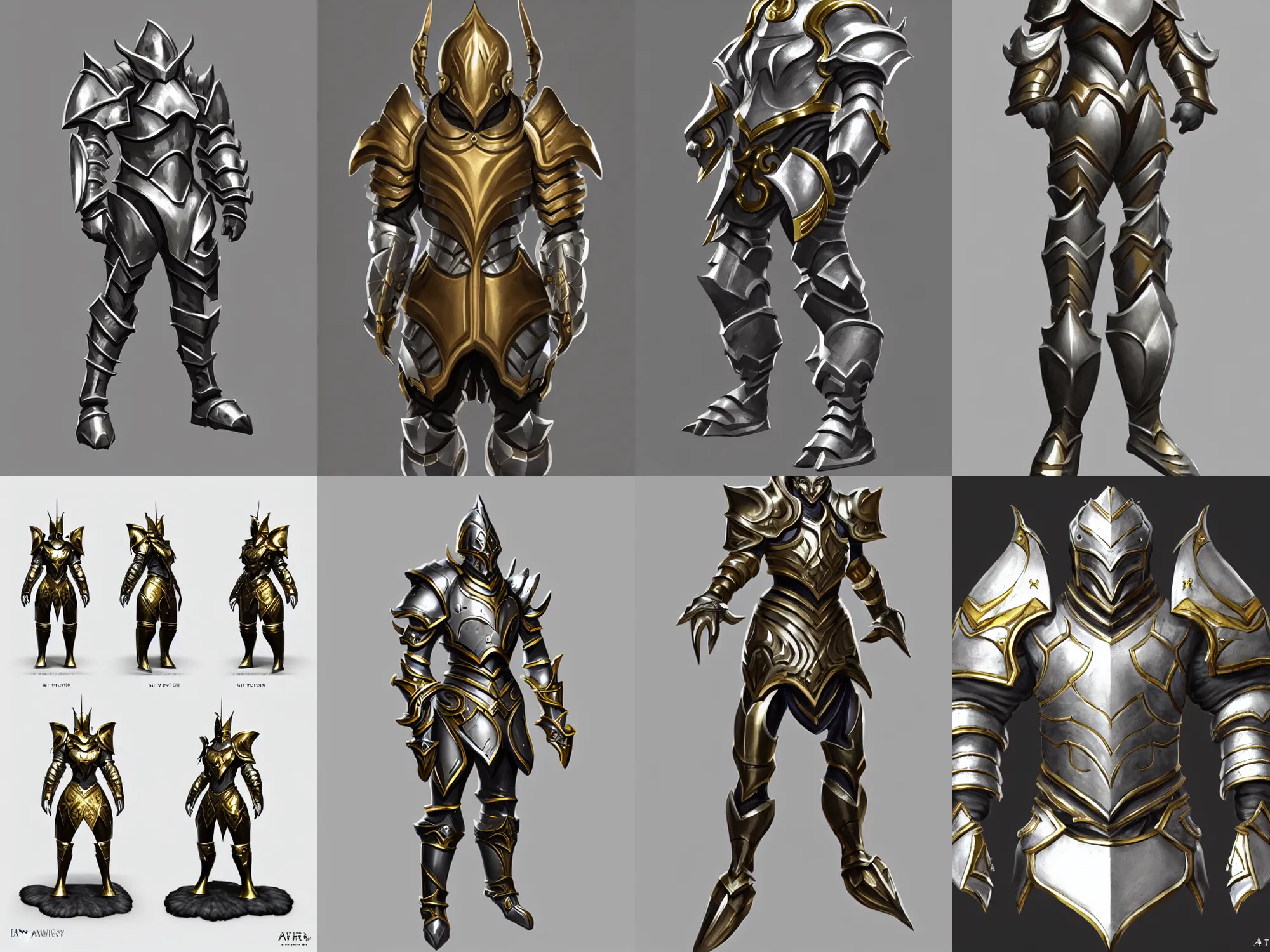 Prompt: heavy fantasy armor pieces, silver with gold trim, extremely polished, exaggerated proportions, flat shading, smooth, uncluttered, extremely clean, trending on artstation, trending on polycount, fantasy character portrait, professional concept art, front view, A-pose, full body