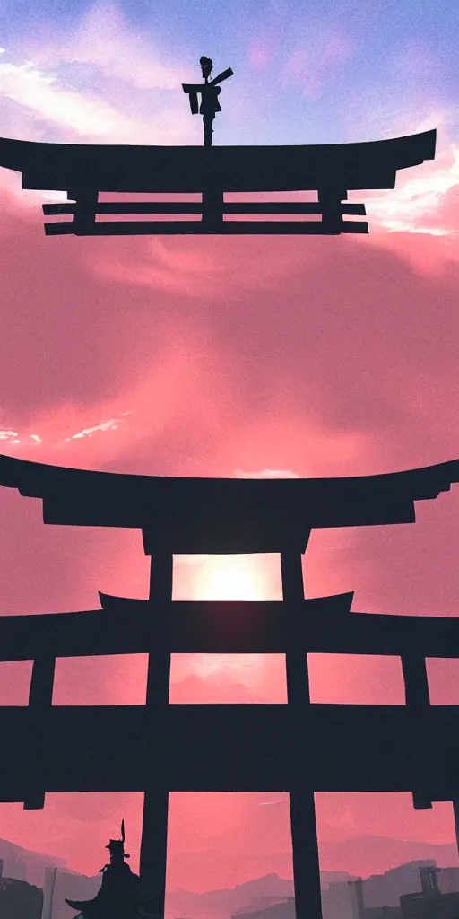 Prompt: Armed samurai standing under an enormous torii gate with the very very red rising sunrise ,hyper-realistic, your name sky, evening, octane rendering , inspired by Katsuhiro Otomo, pixelactivist