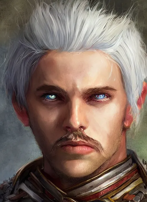 Image similar to tristan fulcher livedoce young man with short white fringe white hair and moustache, dndbeyond, bright, colourful, realistic, dnd character portrait, full body, pathfinder, pinterest, art by ralph horsley, dnd, rpg, lotr game design fanart by concept art, behance hd, artstation, deviantart, hdr render in unreal engine 5