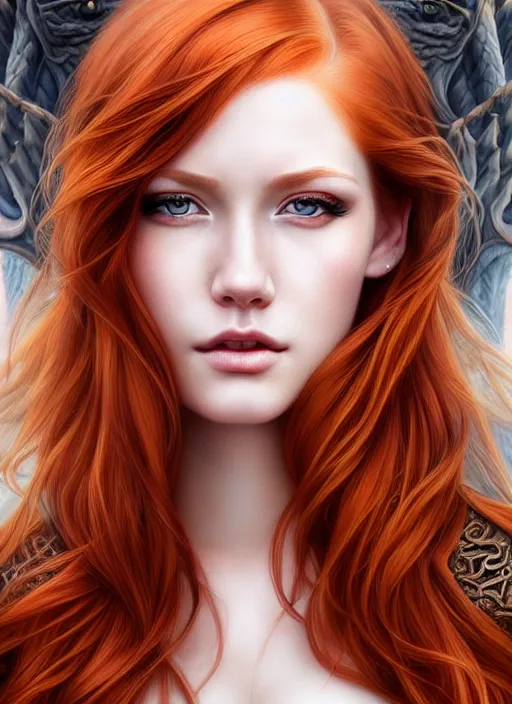 Image similar to portrait photo of a gorgeous young redhead woman with intricate detailed dragon eyes, in the style of stefan kostic, realistic, sharp focus, 8k high definition, insanely detailed, intricate, elegant, art by stanley lau and artgerm