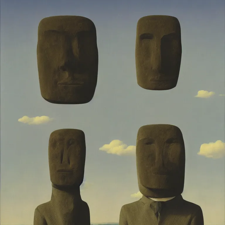 Image similar to portrait of a faceless moai - head man in a suit, clouds in the background, by rene magritte, detailed painting, distance, middle centered, hd, hq, high resolution, high detail, 4 k, 8 k