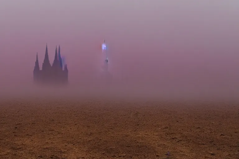 Image similar to purple hills in fog, trees made of liquid melted wax paper, tall red brutalist desert gothic cathedral