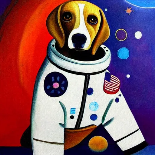 Prompt: a beautiful painting, dog in a space suite, by vladimir mayakovsky, long shot