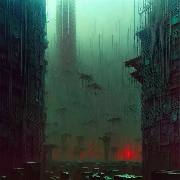 Prompt: ethereal horror of a cyberpunk cityscape, by zdzisław beksinski and greg rutkowski, organic, industrial, surreal, dark, cool colors