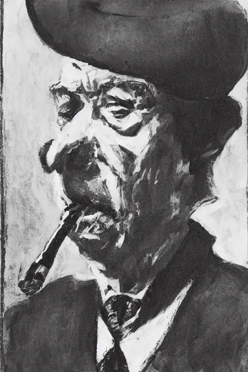 Image similar to portrait of kramer from senfeld, smoking a pipe, atmospheric, black and white