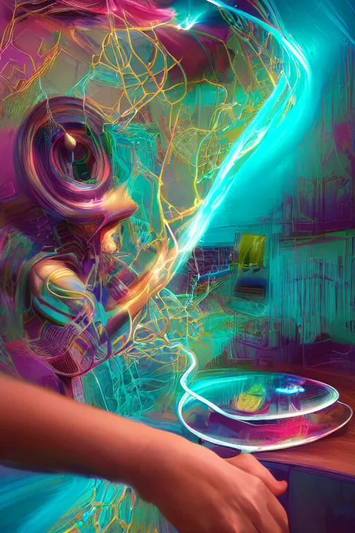 Prompt: epic 3 d abstract 🇵🇷 holographic hacker, spinning hands and feet, 2 0 mm, plum and teal peanut butter melting smoothly into asymmetrical wires of banana and sansevieria, liquid cooling, beautiful, intricate, houdini sidefx, trending on artstation, by jeremy mann, ilya kuvshinov, jamie hewlett and ayami kojima