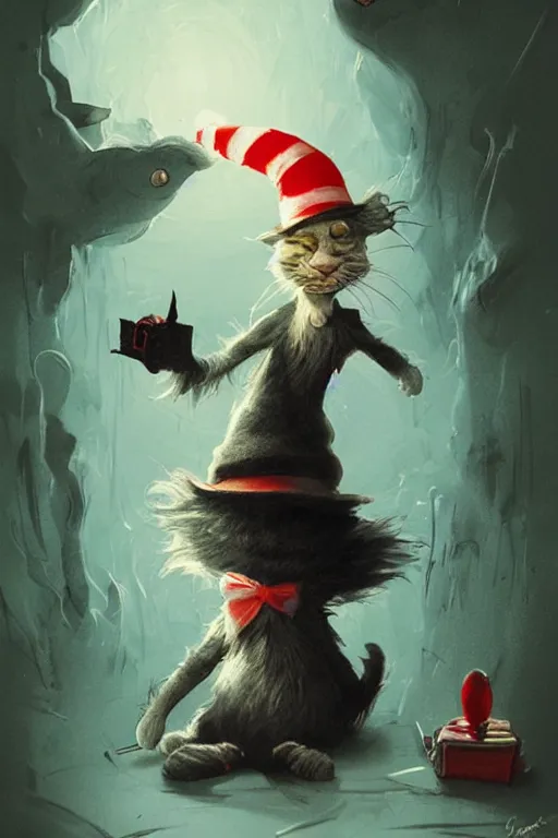 Prompt: the cat in the hat, scary, concept art by dr seuss and greg rutkowski