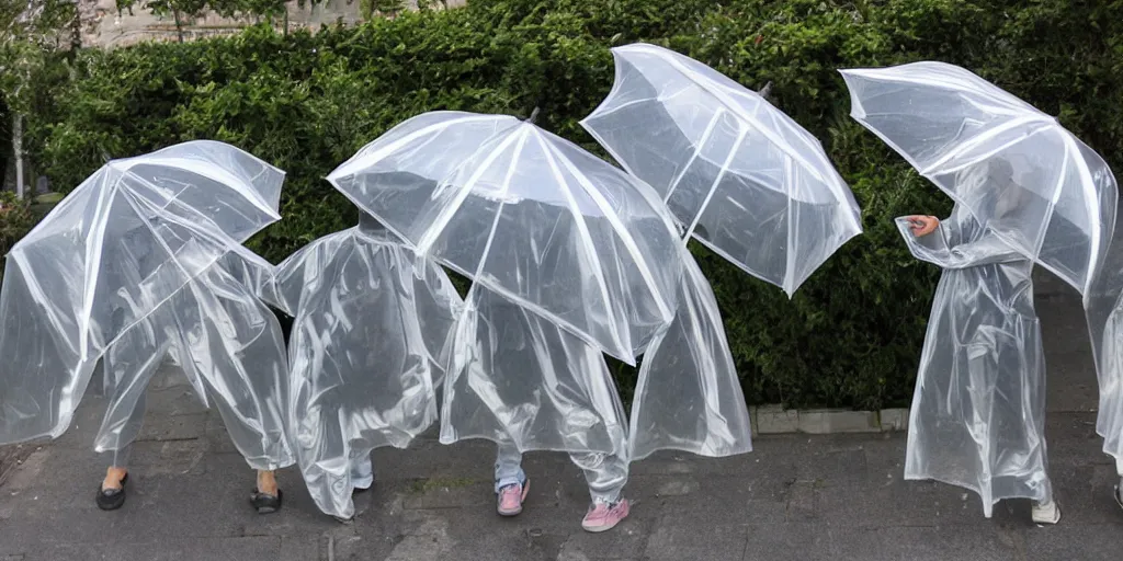 Image similar to transparent raincoats holding transparent umbrellas