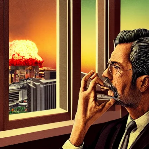Prompt: Mr. House, realistic, highly detailed face, looks at the nuclear explosion, from the window of the Lucky 38 Casino, man smokes a cigar, hyperdetailed, artstation trending, ultra HD, artstation, photorealism, ultrarealistic, retro, 45mm, elegant,