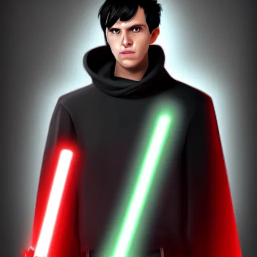 Image similar to a man with black hair in a black hoodie posing while holding a red lightsaber, Trending on artstation