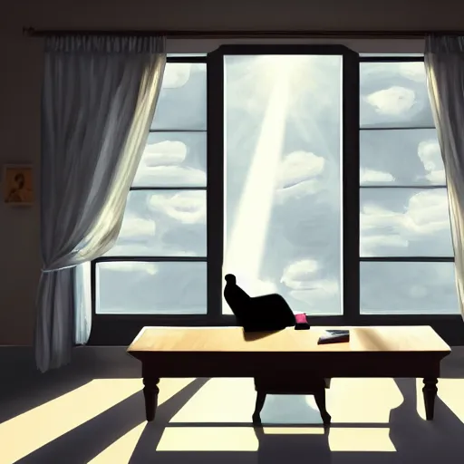 Image similar to peaceful dreamy painting of a young woman sitting at a desk with a black cat, sunshine coming through the window, 4k resolution, highly detailed