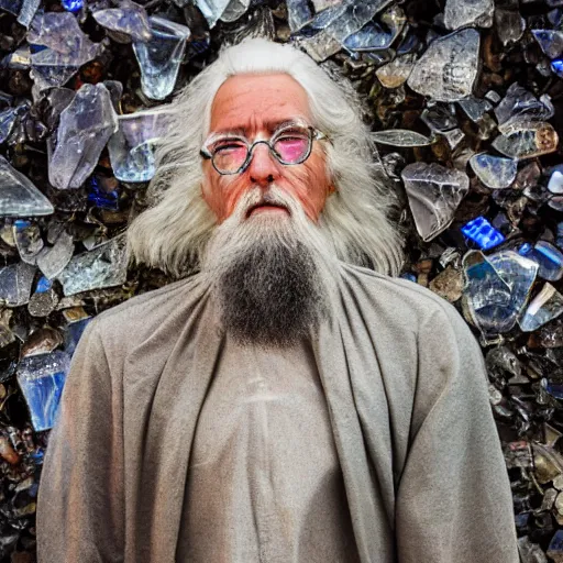 Prompt: old wizard surrounded by crystal shards, 8 k photography