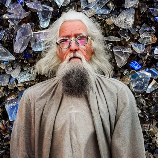 Image similar to old wizard surrounded by crystal shards, 8 k photography