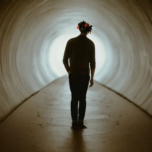 Prompt: kodak portra 1 6 0 photograph of a skinny guy standing in tunnel of light, flower crown, back view, moody lighting, moody vibe, telephoto, 9 0 s vibe, blurry background, tranquil, calm, faded!,