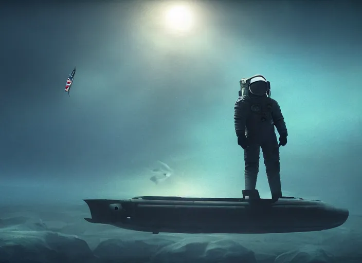 Image similar to astronaut holding a flag in an underwater desert. a submarine is visible in the distance. dark, concept art, cinematic, dramatic, atmospheric, 8 k, trending on artstation, blue, fish, low visibility, fog, ocean floor, christopher nolan, interstellar