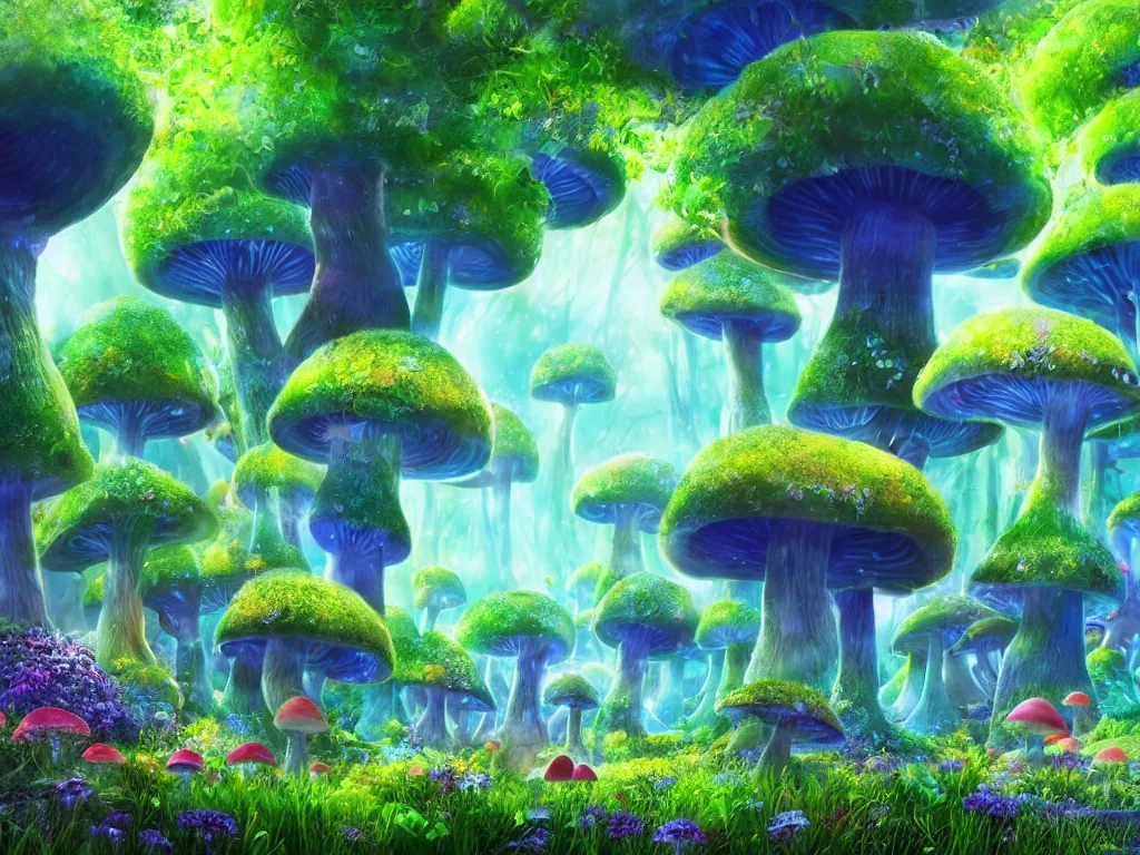 Prompt: a beautiful otherworldly fantasy landscape of giant luminous mushroom trees forming canopies, bright colorful magical mythical sprouted floral plants with pixie dust hovering with them and colorful foliage on the ground, like alice in wonderland, extreme detail, studio ghibli and pixar and abzu, rendering, cryengine, deep color, blue and green and purple bioluminescent