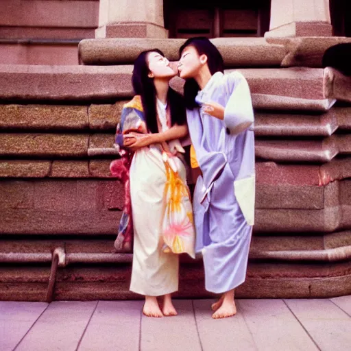 Image similar to two beautiful asian models kissing with no kimono, cinestill, photography