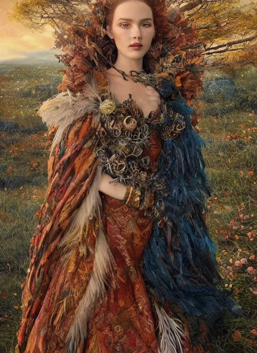 Prompt: real photoshoot queen of oceans, wearing a full feathered cloak and a fancy 🍁🍂 silk floral dress, ornate, ultra realistic, concept art, intricate details, eerie, highly detailed, photorealistic, octane render, 8 k, unreal engine. art by artgerm and greg rutkowski and charlie bowater and magali villeneuve and gustav klimt