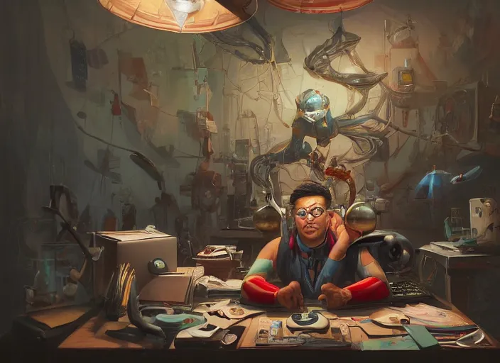 Image similar to an insanely detailed painting of an asian man wearing a homemade superhero costume, sitting at a desk, staring seriously at the computer and typing, in the style of peter mohrbacher, james jean, artgerm, dramatic lighting and composition, surreal background, octane render, pixar, trending on artstation, concept art, comic book, view from behind, 8 k