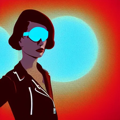 Image similar to a woman with light blue shutter shades in front of a sunset, a dark brown leather jacket, one side brown haircut with blue ends, vector art by jan tengnagel, pixabay contest winner, retrofuturism, retrowave, synthwave, outrun, portrait,