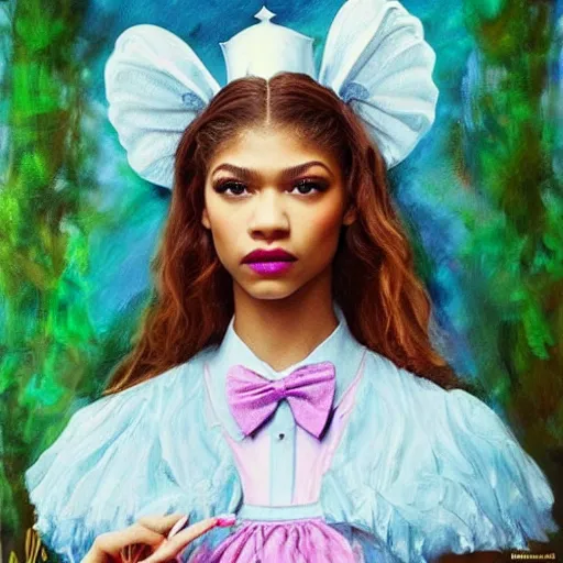 Image similar to zendaya as Alice in wonderland, oil painting, high detail, angelic, flawless face,