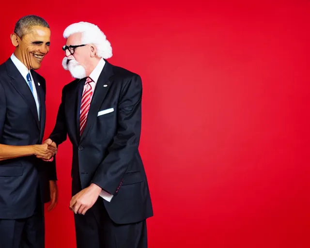 Prompt: Obama giving Colonel Sanders from KFC a handshake, photograph, red background with white stripes, 8k, commercial lighting, professional lighting