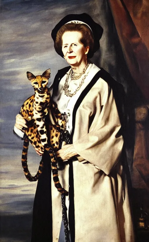 Image similar to an oil portrait of margaret thatcher in ceremonial robe holding a chained distressed serval, high quality, artstation, higly detailed, art by velaquez rubens and francisco goya, dark lighting