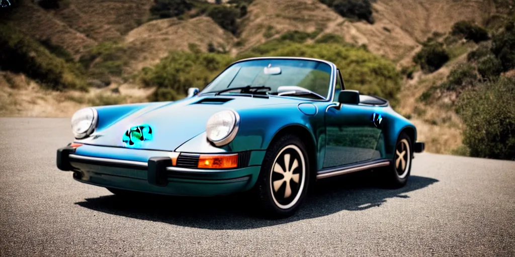 Prompt: photograph, debadged, 1974 PORSCHE 911, roadster, by Pete Biro, press release, cinematic, malibu canyon, 8k, depth of field, bokeh. debadged ,