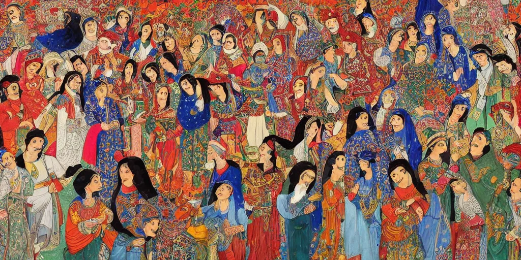 Image similar to persian folklore painting, modern, hd, clear, sharp focus, highly detailed