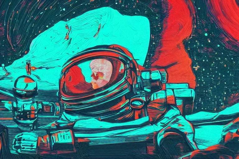 Image similar to an astronaut laying on mars in the style of flooko, acrylic art, detailed, moonlight, red lighting, bokeh, synthwave, psychedelic, glitch, neon,