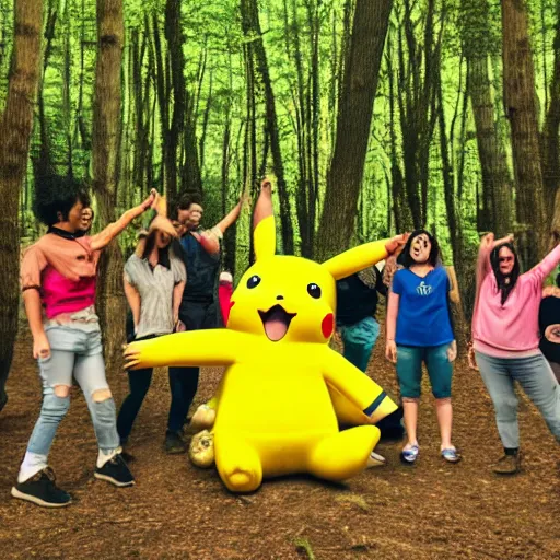 Prompt: photograph of a group of people worshipping a giant pikachu in a forest