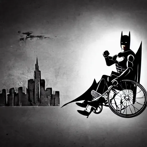 Prompt: batman on a wheel chair, black and white image